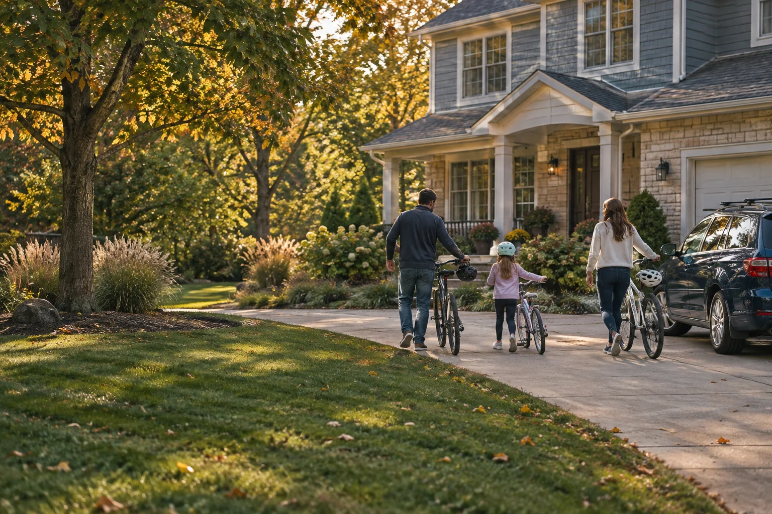 A family returning from a bike ride to their home